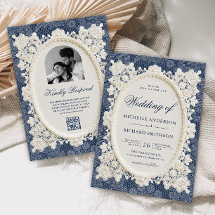 Invitación Boda de encaje de encaje de marfil azul de dinero 