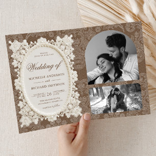 Invitación Boda de encaje de encaje de marfil marrón de diner