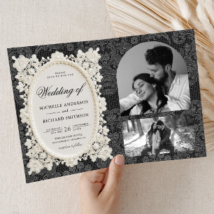 Invitación Boda de encaje de encaje de marfil negro de dinero