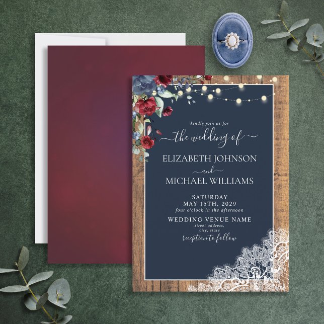 Invitación Boda de encaje de escritura de madera azul de borg (Subido por el creador)