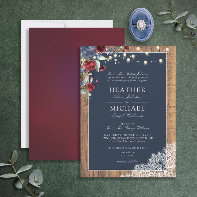 Invitación Boda de encaje de escritura de madera azul de borg (Subido por el creador)