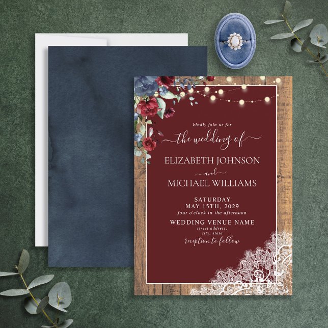Invitación Boda de encaje de escritura de madera azul de borg (Subido por el creador)