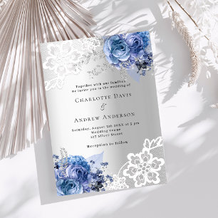 Invitación Boda de encaje de flores azules plateadas