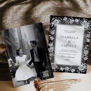 Invitación Boda de encaje de foto QR en blanco y negro de din
