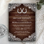 Invitación Boda de encaje de herradura de herradura de herrad<br><div class="desc">Aprovecha tu estancia para invitarte a una boda temática occidental con hermosas herraduras y encajes blancos sobre un fondo rústico de madera de pino. Simplemente agregue los detalles de su evento en esta plantilla fácil de usar para convertirla en una invitación única.</div>