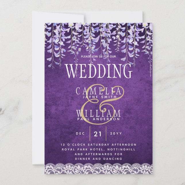 Invitación Boda de encaje de histeria púrpura moderna (Anverso)