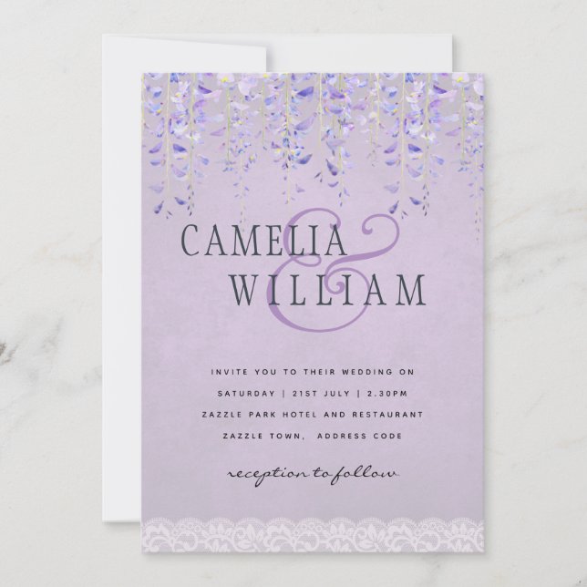 Invitación Boda de encaje de histeria púrpura moderna (Anverso)