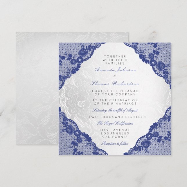 Invitación Boda de encaje de la marina azul blanca plateada c (Anverso / Reverso)