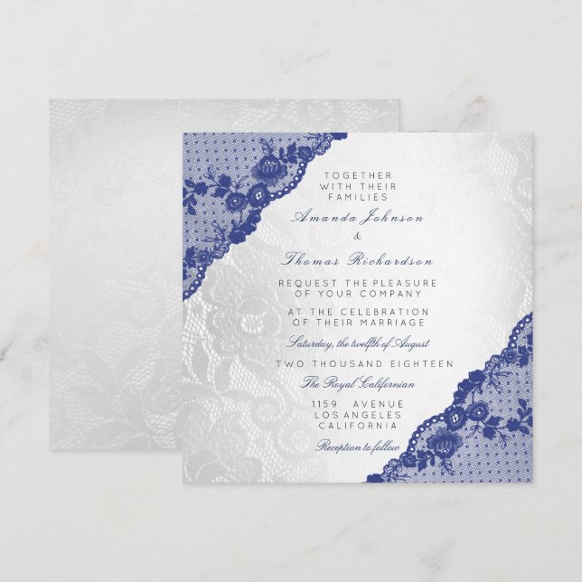 Invitación Boda de encaje de la marina azul blanca plateada c (Anverso / Reverso)