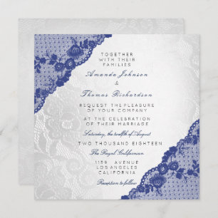 Invitación Boda de encaje de la marina azul blanca plateada c