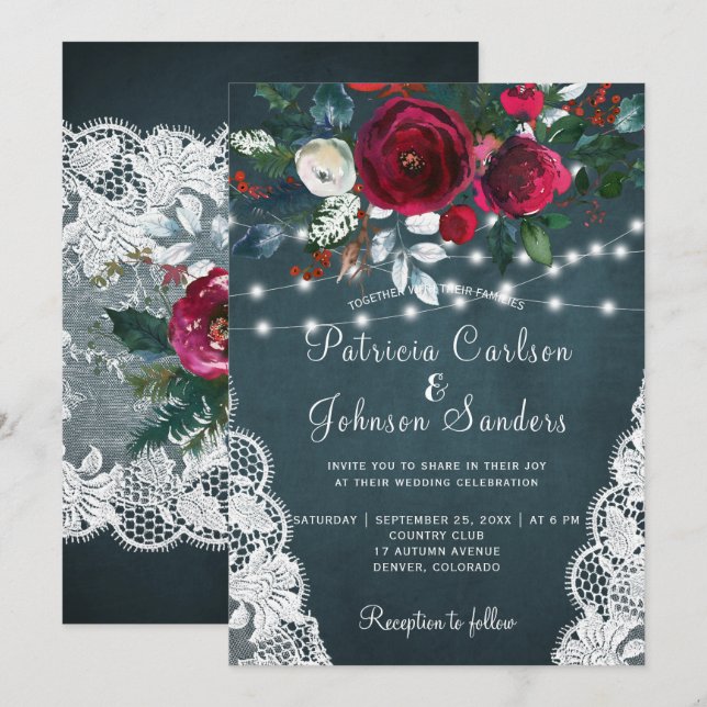 Invitación Boda de encaje de las luces de invierno rusas burg (Anverso / Reverso)