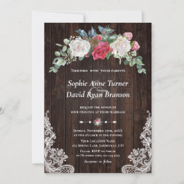 Invitación Boda de encaje de madera blanca y roja de invierno