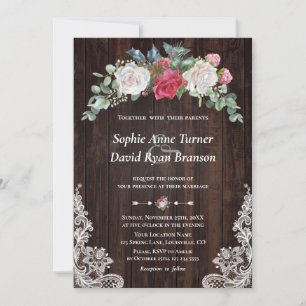 Invitación Boda de encaje de madera blanca y roja de invierno