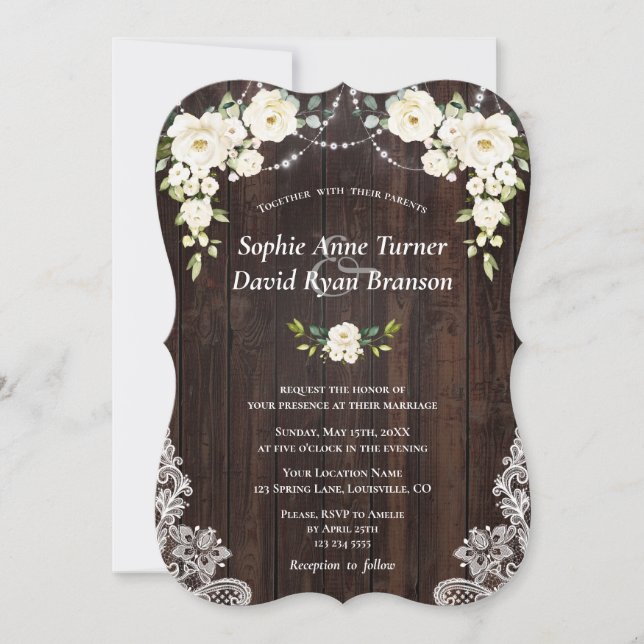 Invitación Boda de encaje de madera de flores de crema blanca (Anverso)