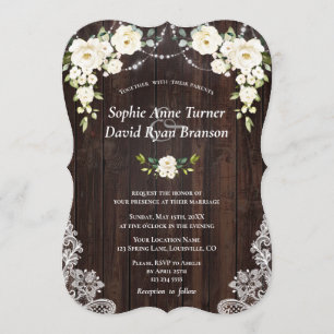 Invitación Boda de encaje de madera de flores de crema blanca