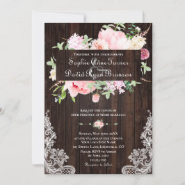 Invitación Boda de encaje de madera de flores rosadas de prim