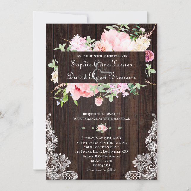 Invitación Boda de encaje de madera de flores rosadas de prim (Anverso)
