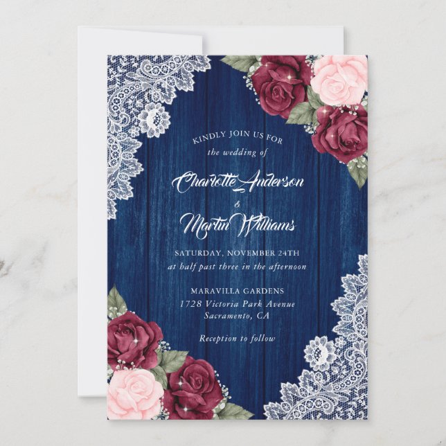Invitación Boda de encaje de madera de Rubor azul de la Marin (Anverso)