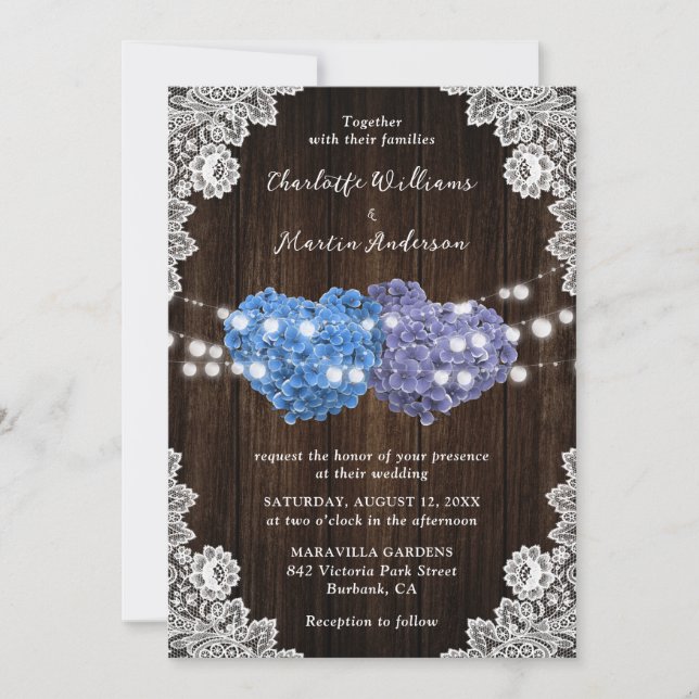Invitación Boda de encaje de madera morada y floral azul (Anverso)