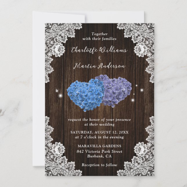 Invitación Boda de encaje de madera morado y azul (Anverso)
