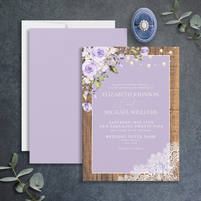 Invitación Boda de encaje de madera rústica de lavanda de Lil (Subido por el creador)