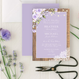 Invitación Boda de encaje de madera rústica de lavanda Lilac 