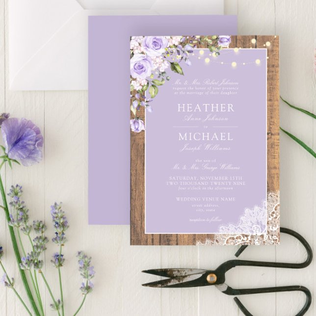 Invitación Boda de encaje de madera rústica de lavanda Lilac  (Subido por el creador)