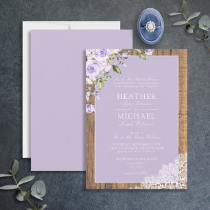 Invitación Boda de encaje de madera rústica de lavanda Lilac