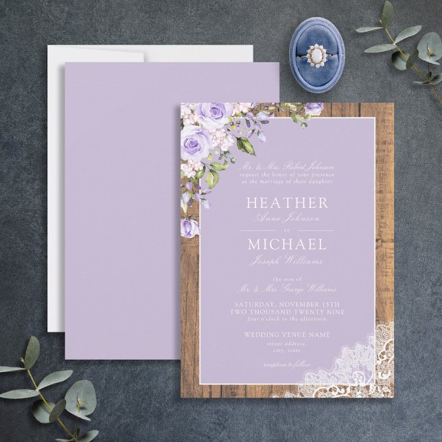 Invitación Boda de encaje de madera rústica de lavanda Lilac  (Subido por el creador)