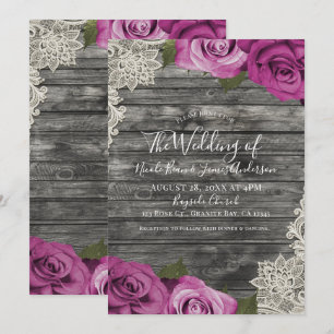 Invitación Boda de encaje de madera rústica rosa fucsia profu
