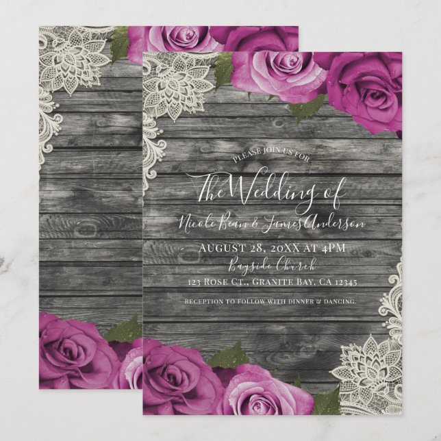 Invitación Boda de encaje de madera rústica rosa fucsia profu (Anverso / Reverso)