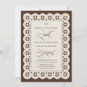 Invitación Boda de encaje de marfil marrón monograma old mone