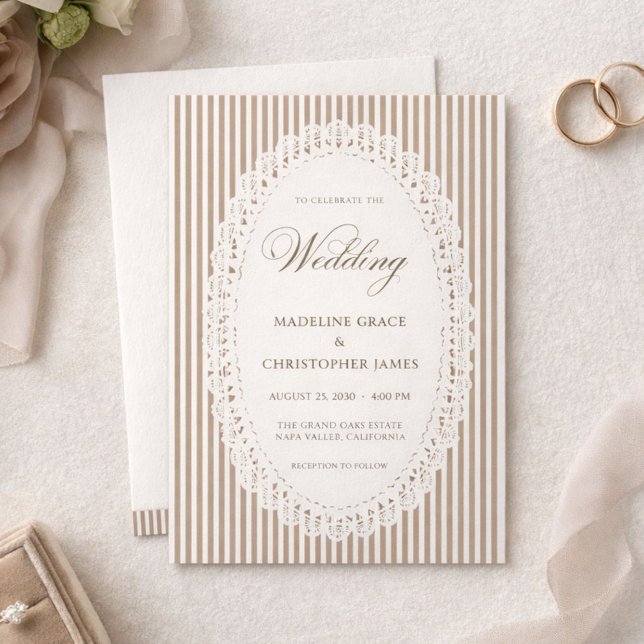 Invitación Boda de encaje de raya francesa marrón Mocha (Subido por el creador)