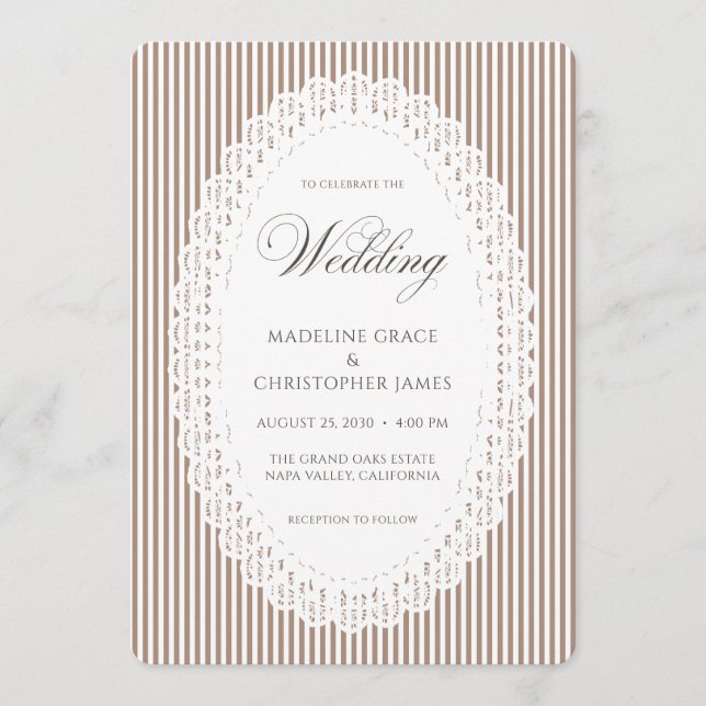 Invitación Boda de encaje de raya marrón Mocha (Anverso)