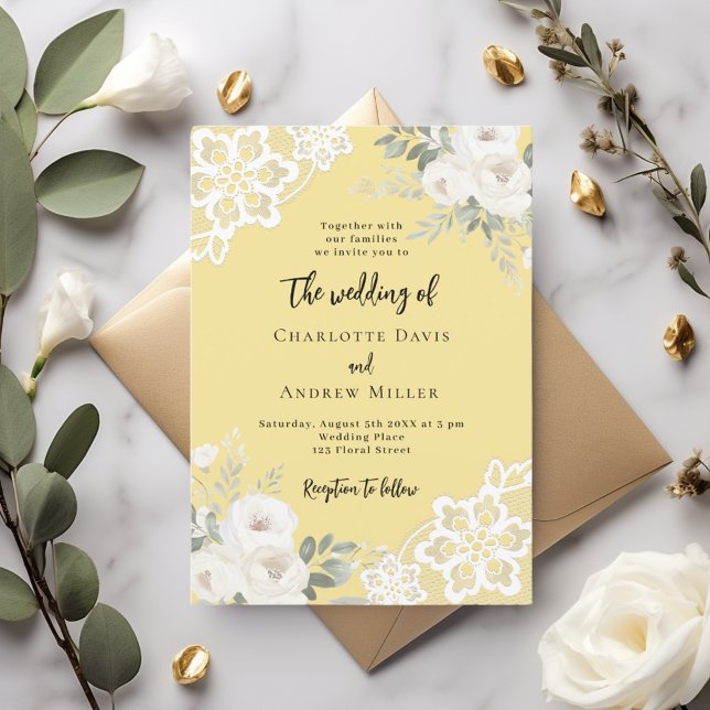 Invitación Boda de encaje de rosas blancas amarillas (Subido por el creador)