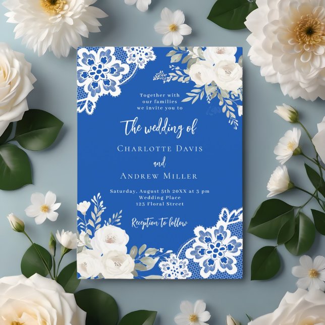 Invitación Boda de encaje de rosas blancas azules (Subido por el creador)