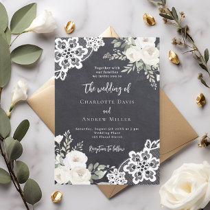 Invitación Boda de encaje de rosas blancas grises de cartón