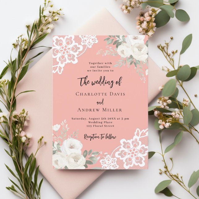 Invitación Boda de encaje de rosas blancas rosadas corales (Subido por el creador)