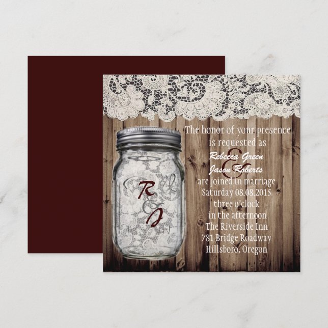 Invitación boda de encaje de tarro mason de madera de granero (Anverso / Reverso)