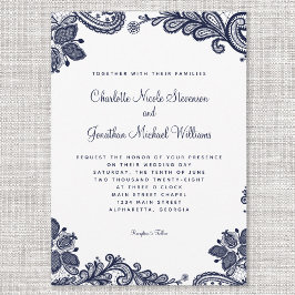 Invitación Boda de encaje elegante personalizada foto azul bl