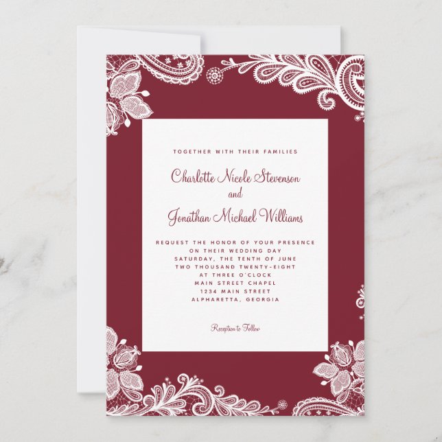 Invitación Boda de encaje elegante personalizada foto rojo bl (Anverso)