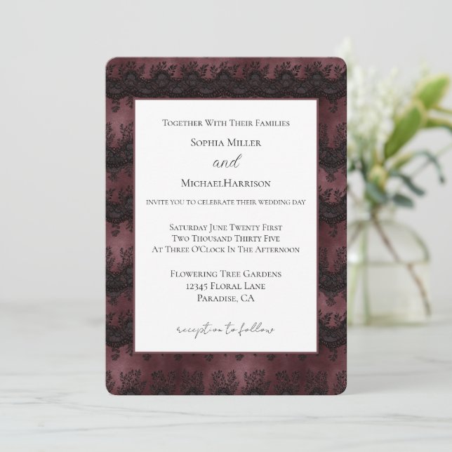 Invitación Boda de encaje falso burgundy negro (Anverso de pie)