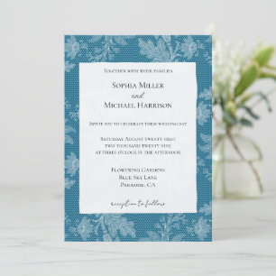 Invitación Boda de encaje falso floral blanco azul precioso