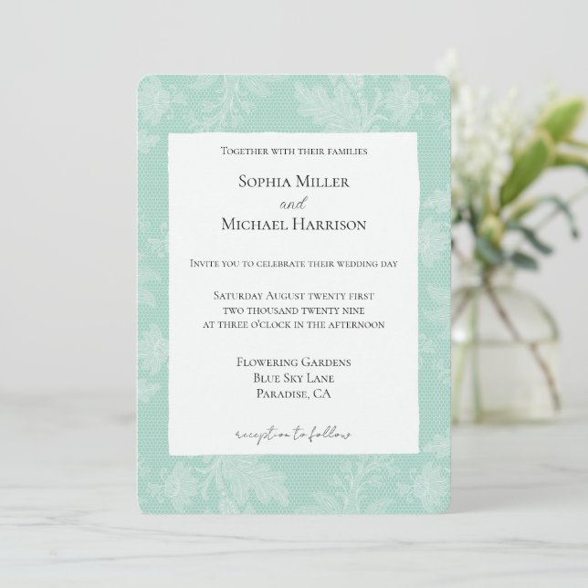 Invitación Boda de encaje falso floral blanco menta bonito (Anverso de pie)