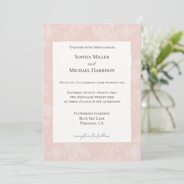Invitación Boda de encaje falso floral blanco rubor melocotón (Anverso de pie)