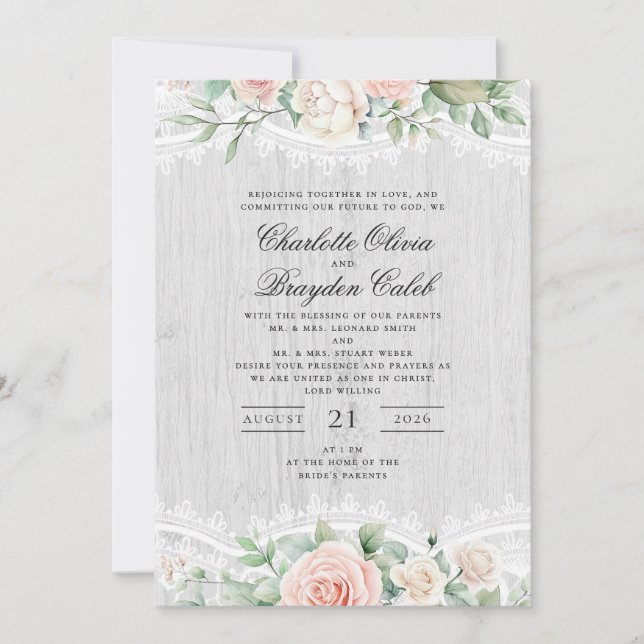 Invitación Boda de encaje floral acuarela rosa rustic (Anverso)