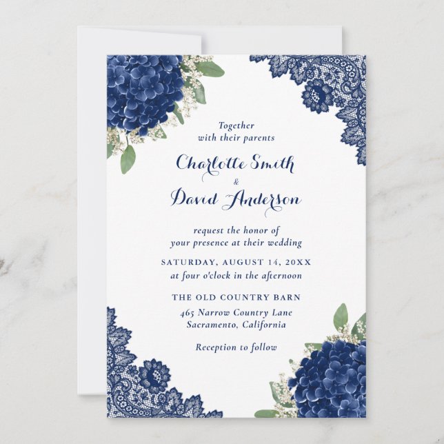 Invitación Boda de encaje floral azul marino Hydrangea (Anverso)