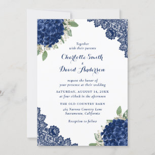 Invitación Boda de encaje floral azul marino Hydrangea