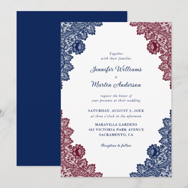 Invitación Boda de encaje floral azul y borgoñona de la Marin (Anverso / Reverso)