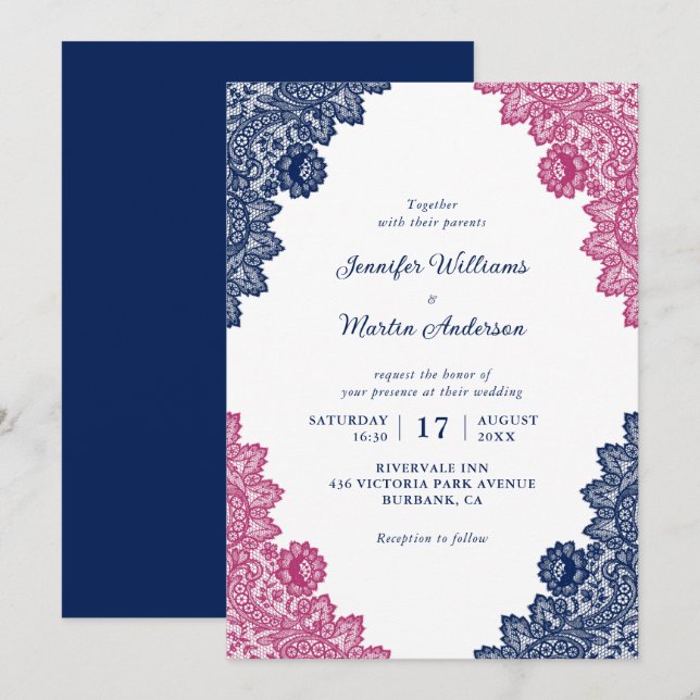 Invitación Boda de encaje floral azul y rosa de la marina (Anverso / Reverso)
